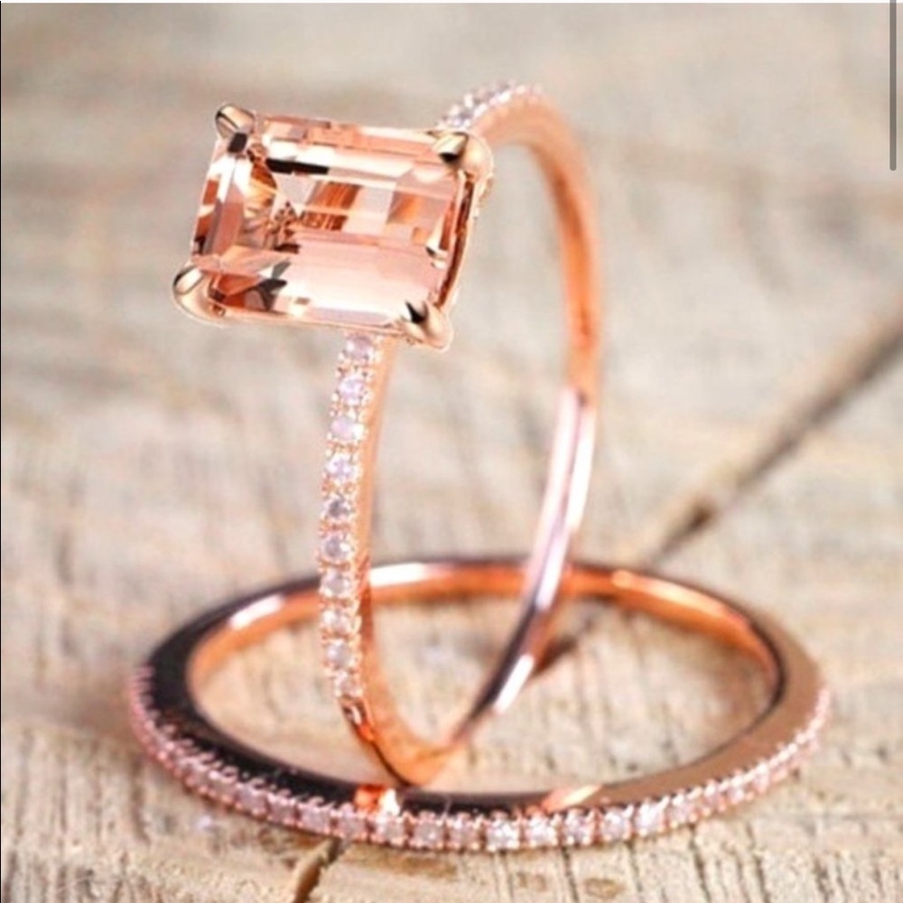 Morganite rose gold plated ring set Sz 7